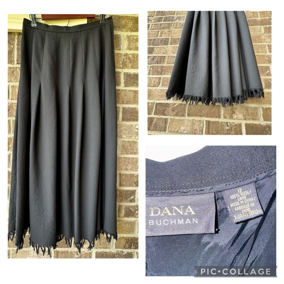 Dana Buchman Skirt 100%Wool Fringe Midi Pleated Career Black Size 12 EUC - Picture 1 of 15